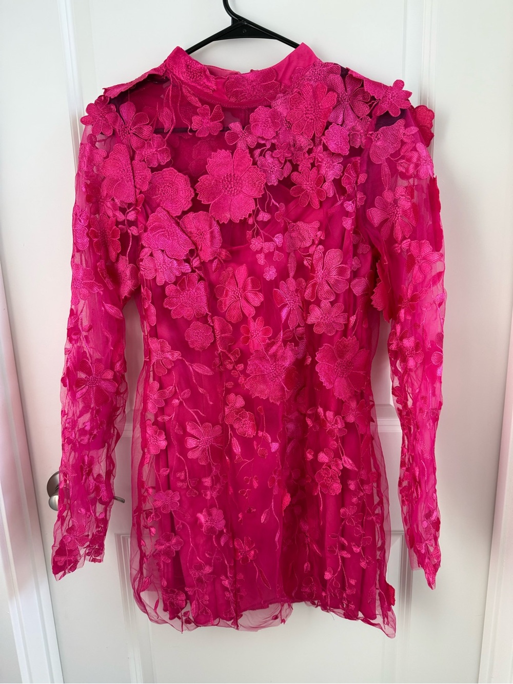 Fuchsia Floral Lace Mini Dress with Long Sleeves